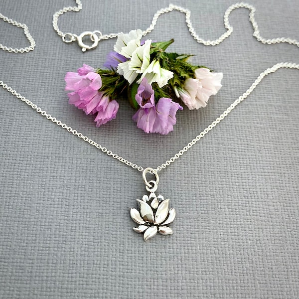 Sterling silver lotus flower necklace, carved lotus pendant, dainty mindfulness yoga jewelry, gifts for her, girlfriend gift ND316S