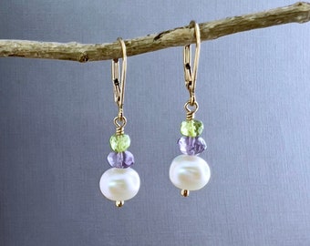 Pearl, purple amethyst Peridot gemstone earrings, 14k gold filled leverback earrings, spring colors, gifts for mom, bridal earrings E730G