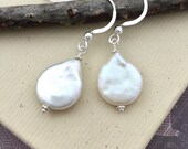 White coin pearl earrings, natural genuine freshwater drop shape pearl, sterling silver lever back ear wires, dangle earrings E140S