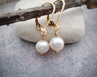 Classic White Pearl Earrings - 14k Gold Filled Leverback Dangles, Elegant AAA Quality 7 - 7.5mm Pearls, Timeless Jewelry Gift for Mom E483G