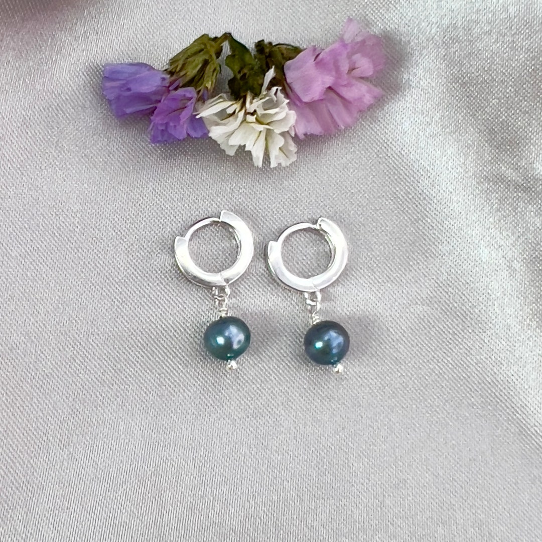 Black Pearl Hoop Earrings, Sterling Silver, Blue Peacock Round Pearl
