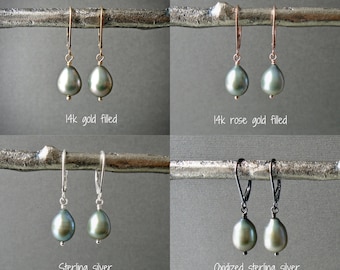 Sage green pearl drop earrings, gold, rose gold, silver, oxidized leverbacks, simple dainty drop freshwater pearls, gift for mom E407
