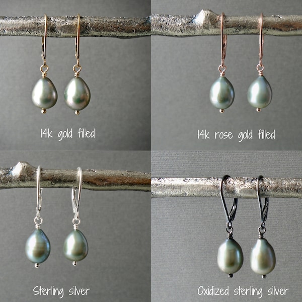 Sage green pearl drop earrings, gold, rose gold, silver, oxidized leverbacks, simple dainty drop freshwater pearls, gift for mom E407