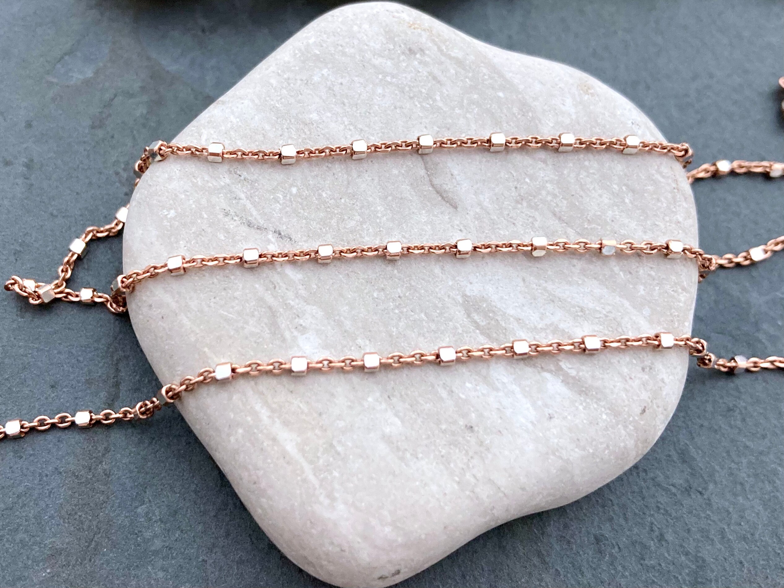 Rose Gold Vermeil Satellite Chain Necklace With Diamond Cut Sterling Silver Cube Beads Station Chain Delicate Dainty Layering Necklace Etsy