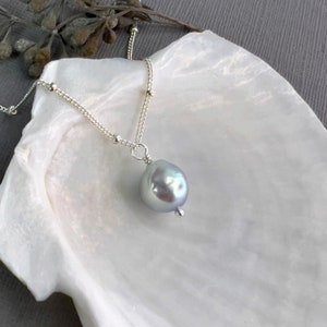 Natural ice blue akoya pearl (8mm x7mm) necklace sterling silver satellite station curb chain gift for her N451S-SAT