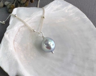 Natural ice blue akoya pearl (8mm x7mm) necklace, sterling silver satellite station curb chain, gift for her N451S-SAT