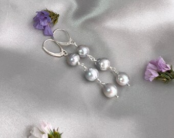 Silver blue Japanese Akoya saltwater 3 wire wrapped linear pearl dangle earrings, sterling silver leverback earrings, handmade jewelry E725S