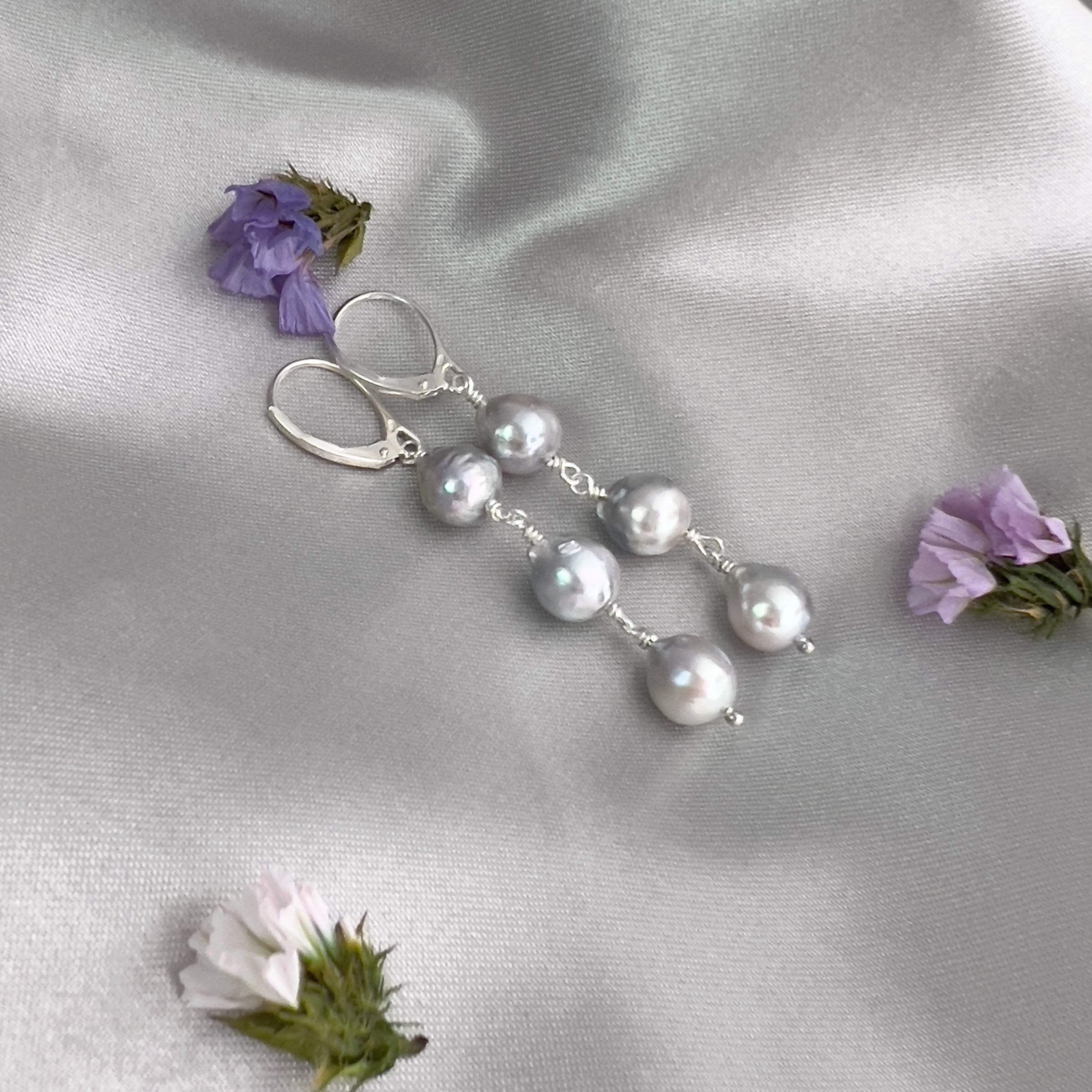 Blue Japanese Akoya Saltwater 3 Wire Wrapped Linear Pearl