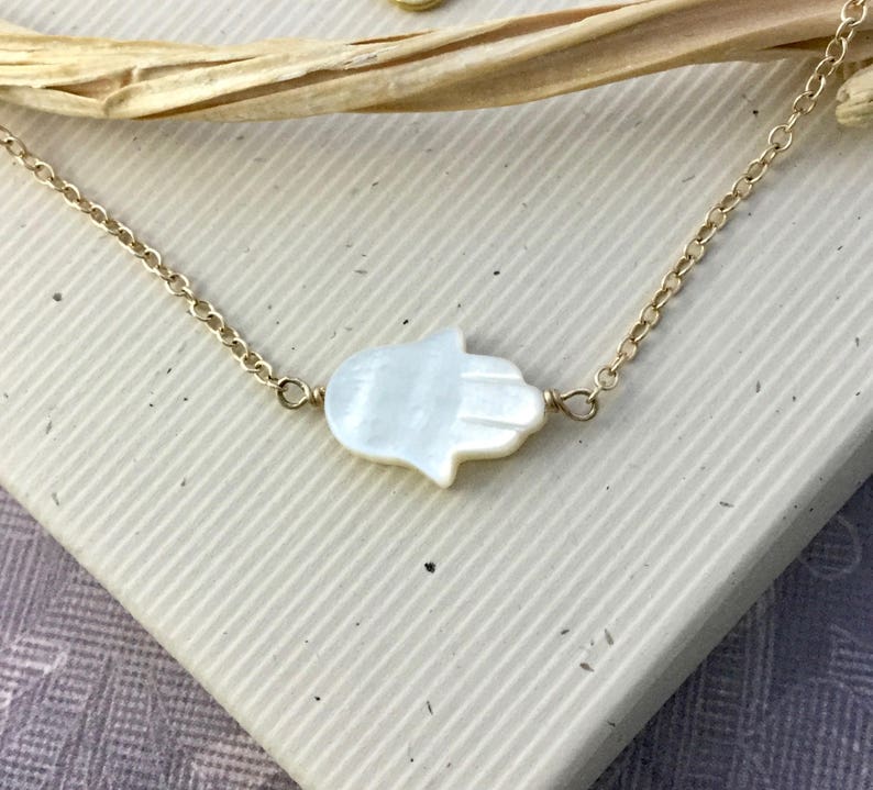 Mother of pearl Hamsa hand necklace Hand of Fatima sideways charm protection amulet Talisman jewelry N347S sterling silver chain choker