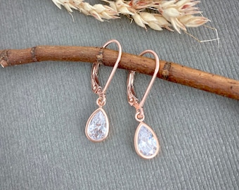 Rose gold pear shaped cubic zirconia leverback earrings, dainty cz drop bezel dangle earrings, everyday earrings BC584R