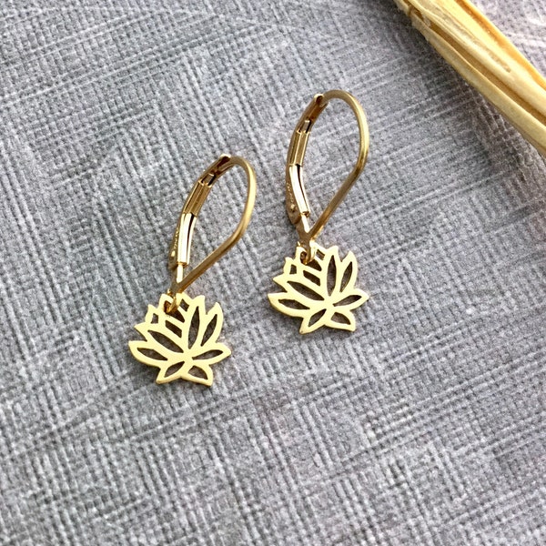 Lotus earring, tiny gold lotus cut out flowers, small dainty charm, minimalist leverback earrings, gift for mom, Mother's day gift ND126G