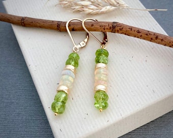 Green Peridot and Opal gemstone earrings, Ethiopian opal, 14k gold filled Leverback earrings, Mother's Day gift for idea, gifts for mom E612