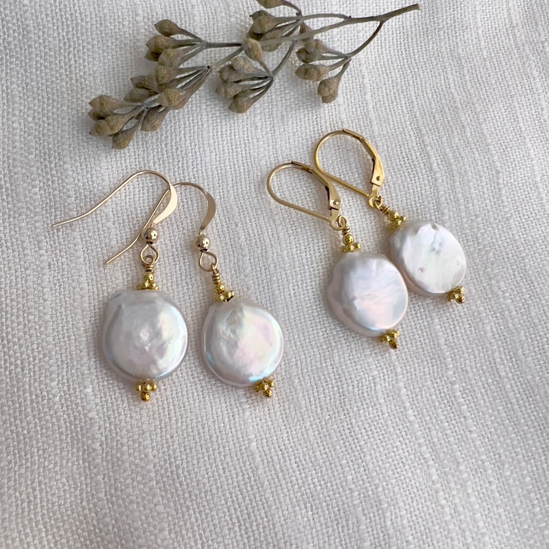 White coin pearl earrings, freshwater baroque real pearls, gold filled lever back dangle earrings. Mother's Day gift ideas for Mom E140G image 5