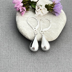 Solid silver teardrop earrings, leverback ear wire, 925 sterling silver dangle drops, simple modern minimalist HS582L