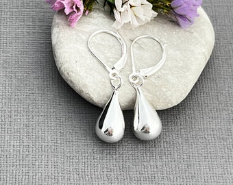 Solid silver teardrop earrings, leverback ear wire, 925 sterling silver dangle drops, simple modern minimalist HS582L