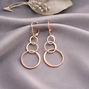 Rose Gold Vermeil Circle Dangle Earrings Long 3 inter-connected hoops graduated links simple modern minimalist everyday jewelry ND168G-L
