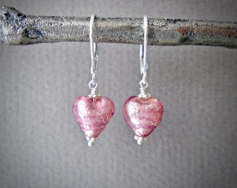 Pink Murano glass heart earrings in sterling silver, small, dainty light pink Venetian beads 10mm, daughter or granddaughter gift MR453S-10