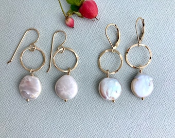 Coin pearl dangle earrings, gold leverback earrings, hook or clip-on non-pierced earrings, gifts for mom, grandmother E241