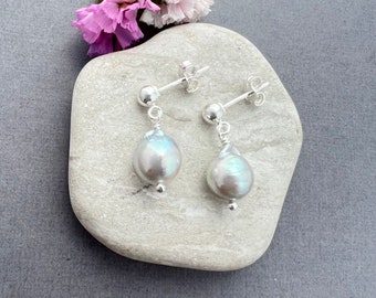 Japanese Akoya pearl drop sterling silver ball post earrings, natural ice blue saltwater pearls, dainty simple gift for daughter E567S-P