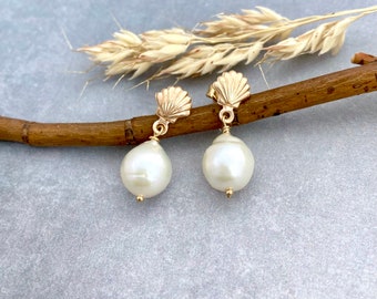 Pearl drop earrings, baroque pearl 14k gold filled post earrings, dainty seashell stud, beach jewelry, Mother's day gifts for mom E656G