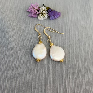 White coin pearl earrings, freshwater baroque real pearls, gold filled lever back dangle earrings. Mother's Day gift ideas for Mom E140G image 6