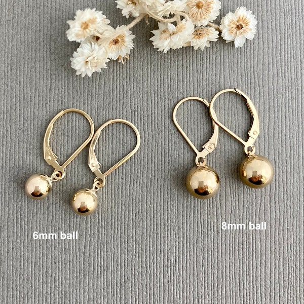 Gold ball earrings, 6mm or 8mm round bead, 14k gold filled leverback or French hook, modern minimalist, simple jewelry E352G