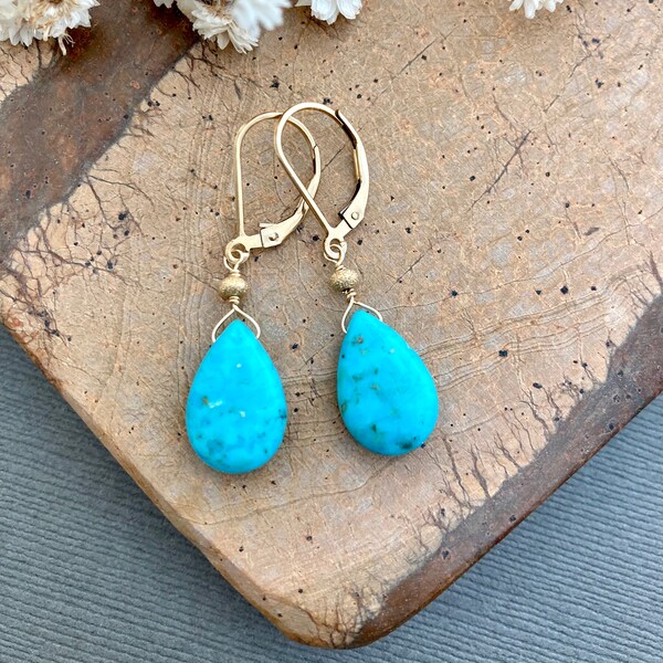 Turquoise earrings, gold filled leverbacks, genuine turquoise stone, smooth drop teardrop briolettes, handmade jewelry, Santa Fe style E672