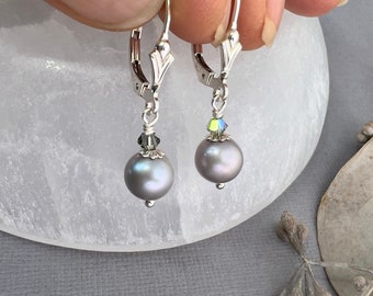 Gray Pearl Earrings, Elegant Fleur de Lis leverback earrings, gold, rose gold filled, sterling silver, bridesmaid, bridal jewelry E660