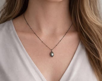 Sage green freshwater pearl earrings & pendant satellite chain necklace bright / oxidized silver beaded station chain rustic natural E407