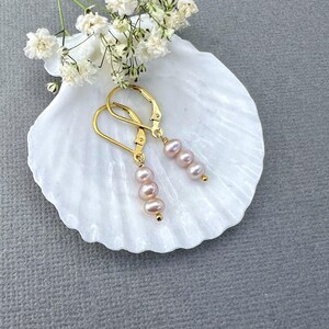 Freshwater Pearl Trio Pink Earrings Dainty Design Gold Filled Jewelry Sterling Silver Option Elegant Style Minimalist Look Wedding Accessory Bridal Collection Bridesmaid Gift Feminine Present Birthday Idea Anniversary Jewelry Comfortable