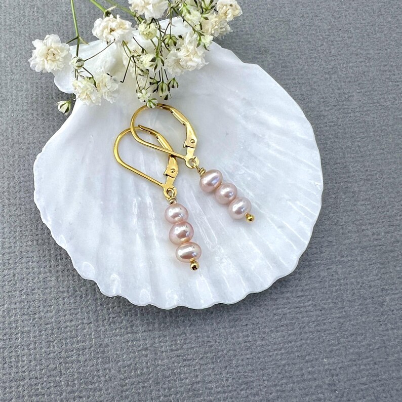 Freshwater Pearl Trio Pink Earrings Dainty Design Gold Filled Jewelry Sterling Silver Option Elegant Style Minimalist Look Wedding Accessory Bridal Collection Bridesmaid Gift Feminine Present Birthday Idea Anniversary Jewelry Comfortable