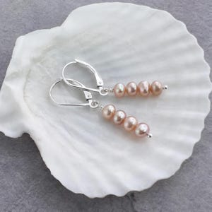 Tiny Pink Pearl Earrings Sterling Silver Dangle Freshwater Leverback Daughter Gift Birthday Present Elegant Delicate Dainty Jewelry E735