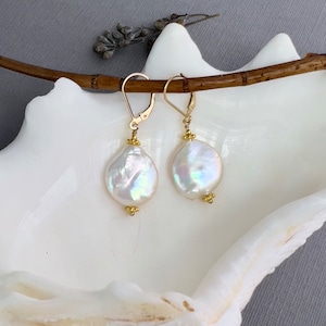 White coin pearl earrings, freshwater baroque real pearls, gold filled lever back dangle earrings. Mother's Day gift ideas for Mom E140G image 1