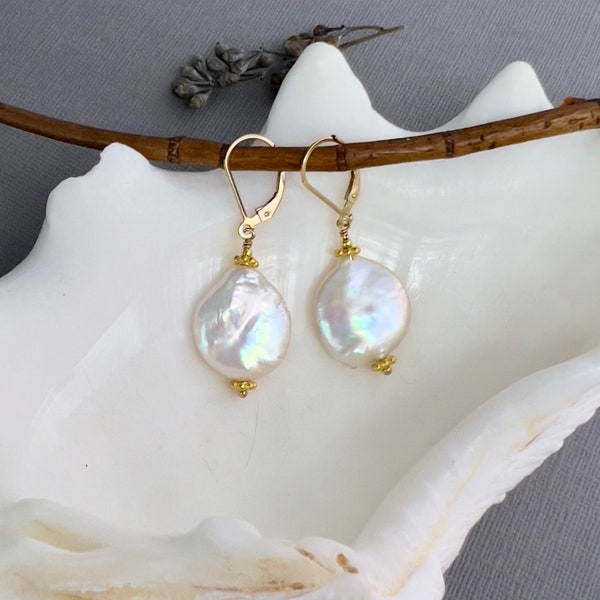 White coin pearl earrings, freshwater baroque real pearls, gold filled lever back dangle earrings. Mother's Day gift ideas for Mom E140G