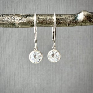 Cubic zirconia earrings, sterling silver CZ bezel dangle earrings, minimalist leverback earrings, simulated diamond 6mm 0.85 carat E488S