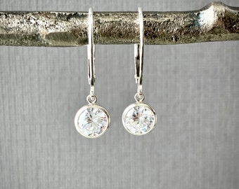 Cubic zirconia earrings, sterling silver CZ bezel dangle earrings, minimalist leverback earrings, simulated diamond 6mm 0.85 carat E488S