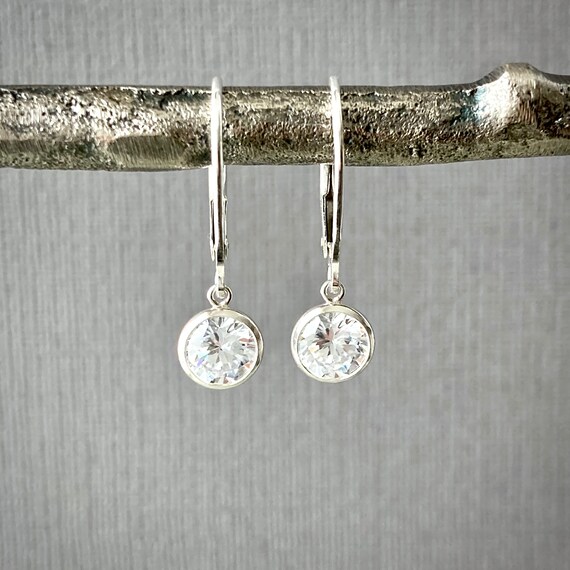 925 Sterling Silver 6mm CZ Leverback Earrings – Round White Cubic Zirconia Dangle