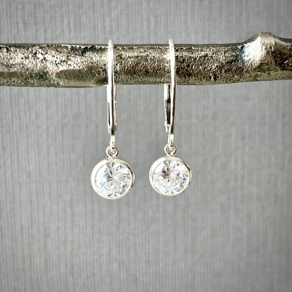 Cubic zirconia earrings, sterling silver CZ bezel dangle earrings, minimalist leverback earrings, simulated diamond 6mm 0.85 carat E488S