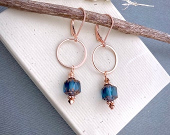 Rose gold dangle earrings, long circle earrings, Czech glass cut teal beads, Boho jewelry, modern dangle hoop earrings, gifts for her E518R