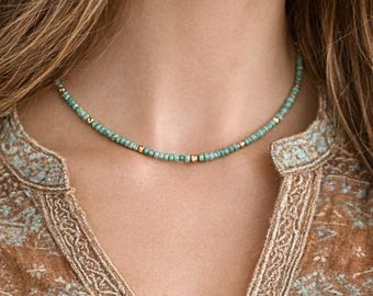 Tiny turquoise beaded choker necklace blue green seed bead necklace casual handmade summer boho jewelry 3mm blue green Picasso beads N550