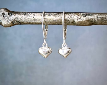 Tiny silver heart drop earrings sterling silver dangle earrings minimalist puff heart earrings small heart earrings leverback, post HS312-sm
