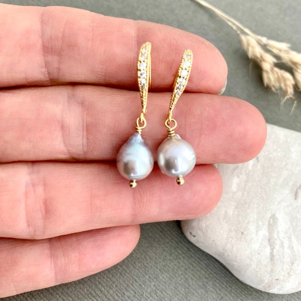 Elegant Akoya pearl drop earrings, fancy gold crystal pave hooks, pale blue saltwater pearls, something blue wedding bridal earrings E567G-p