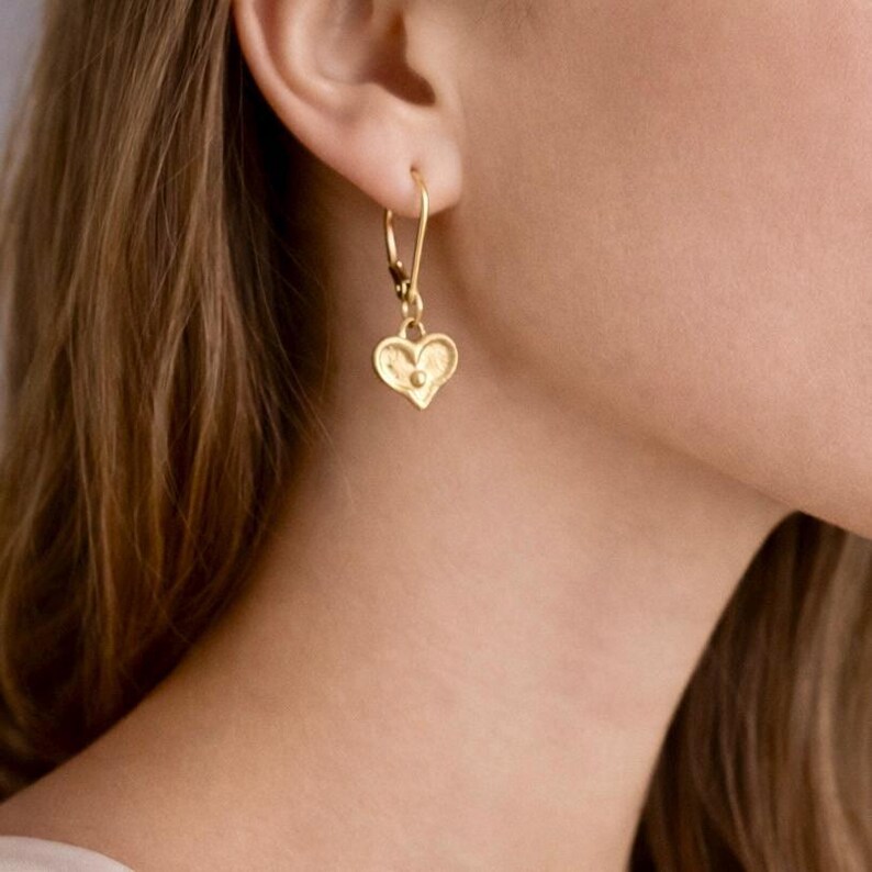 Minimalist Heart Earrings Gold Vermeil Finish Dainty Jewelry Design Tiny Heart Charm Leverback Style Everyday Wear Option Simple Elegant Accessory Birthday Gift Idea Girlfriend Present Choice Daughter Jewelry Selection Polished Surface