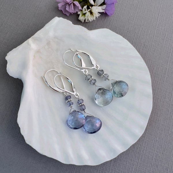 Gemstone earrings, sterling silver leverback earrings, aqua blue or periwinkle purple stone dangle earrings E101S