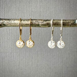 Gold or silver cubic zirconia bezel leverback earrings 6mm gold filled sterling silver dangle earrings minimalist jewelry E488-6