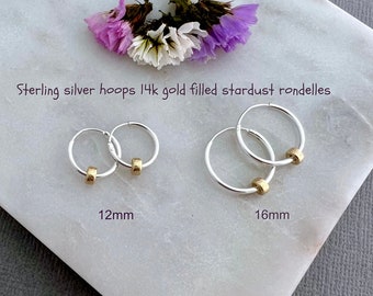 Sterling Silver Tiny hoops stardust roundel beads Endless Sleeper Tube Hoops Mixed Metal Two Tone Waterproof Everyday Jewelry CG679