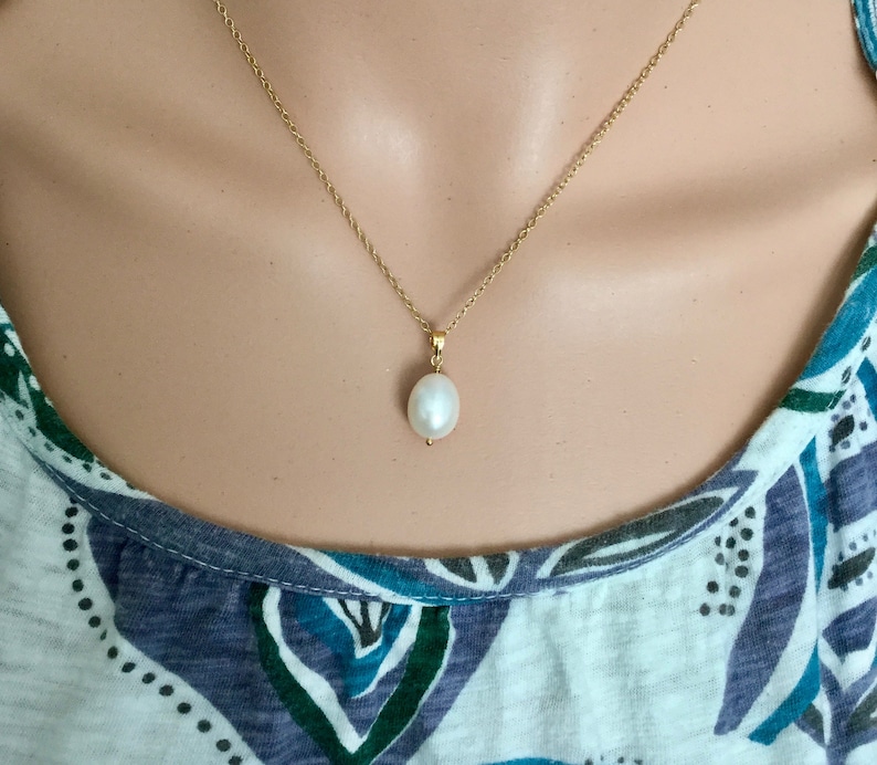 Pearl drop necklace gold filled chain single oval real pearl Etsy