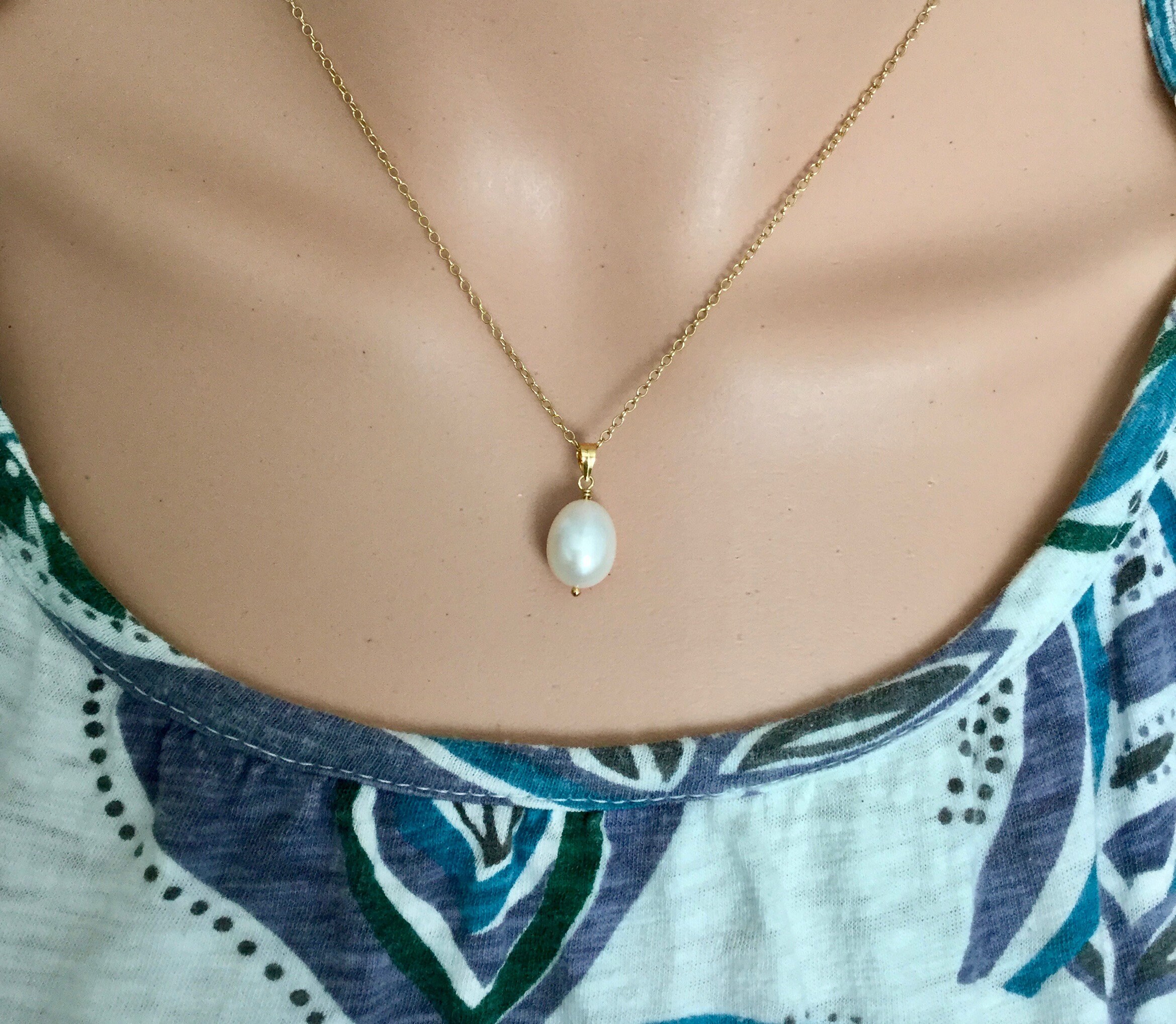 Pearl drop necklace gold filled chain single oval real pearl Etsy