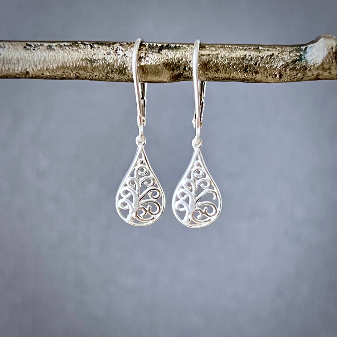 Silver Filigree Teardrop Earrings - Sterling Silver Leverback Earrings ...