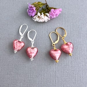 Pink Venetian heart earrings Murano glass jewelry sterling silver gold filled leverback earrings foil 12mm heart gifts for her E453-12